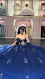 Fairy Off-the-shoulder Long Ball Gown Elegant Navy Blue Quinceanera Dress Beaded Tulle Sweet 16 Dress HZ1121