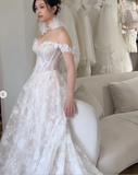 Modest Off-the-shoulder Bridal Gown Glam Applique Tulle Beaded Wedding Dress HZ1121