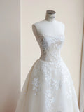 Elegant Strapless White Wedding Dress Applique Ball Gown Tulle Long Bridal Gowns HZ1121