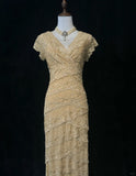 Glamour Gold Sheath V-neck Mother of the Bride Dress Lace Beaded Long Evening Gown HZ1121