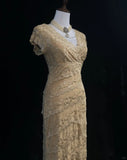 Glamour Gold Sheath V-neck Mother of the Bride Dress Lace Beaded Long Evening Gown HZ1121