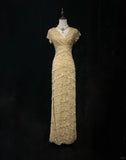 Glamour Gold Sheath V-neck Mother of the Bride Dress Lace Beaded Long Evening Gown HZ1121