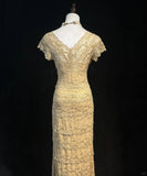 Glamour Gold Sheath V-neck Mother of the Bride Dress Lace Beaded Long Evening Gown HZ1121