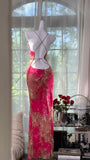 Vintage Red Sheath Long Prom Dress Floral Chiffon Spaghetti Strap Backless Formal Dress HZ1121