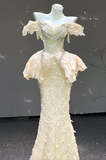 Elegant Mermaid Long Evening Dress Off-the-shoulder Beaded Tulle Wedding Guest Dress HZ1121