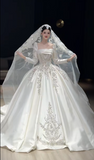 Timeless Square Neck Ball Gown Satin Beaded Wedding Dress Elegant Applique Long Sleeve Bridal Gown HZ1121