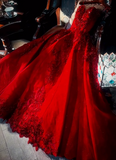 Elegant Red A-Line Long Prom Dress Spaghetti Straps Applique Satin Evening Dress Sweet 16 Dress HZ1121