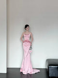 Elegant Strapless Mermaid Satin Long Pink Evening Dress Sweet Birthday Party Dress HZ1121