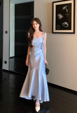 Elegant Spaghetti Strap Mermaid Satin Long Formal Evening Dress Cute Graduation Dress HZ1121