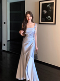 Elegant Spaghetti Strap Mermaid Satin Long Formal Evening Dress Cute Graduation Dress HZ1121