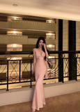 Elegant V-neck Mermaid Satin Long Formal Evening Dress Sexy Pink Graduation Dress HZ1121