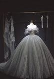 Elegant Off-Shoulder Ball Gown Tulle Wedding Dress Timeless Sparkly Sequins Applique Bridal Gown HZ1121