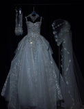 Elegant Strapless Ball Gown Tulle Beaded Wedding Dress Sparkly Applique Bridal Gown HZ1121