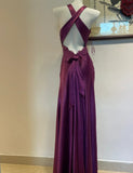 Elegant V-neck Sheath Prom Dress Vintage Satin Applique Purple Formal Evening Dress HZ1121