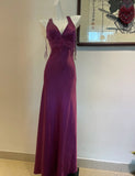 Elegant V-neck Sheath Prom Dress Vintage Satin Applique Purple Formal Evening Dress HZ1121