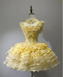 Vintage Ball Gown Yellow Tulle Lace Spaghetti Straps Short Lolita Outfits 18th Birthday Dress Mini Cute Lolita Dress HZ1121