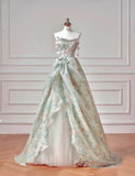 Cute Green Ball Gown Strapless Long Prom Dress Tulle Floral Chiffon Sweet 16 Dress HZ1121