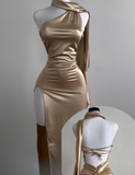 Fashionable Brown One Shoulder Sheath Slit Party Dress Backless Birthday Dress HZ1121