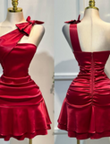 Fashion One Shoulder Sheath Short Party Dress Satin Burgundy Homecoming Dress HZ1121