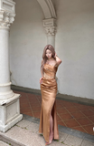 Elegant Strapless Sheath Satin Long Prom Dress Brown Formal Evening Dress HZ1121