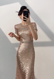 Elegant Champagne Jewel Sheath Mother of the Bride Dress with Sequined Short Sleeves Formal Evening Gown HZ1121