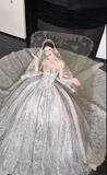 Elegant Off-the-shoulder Ball Gown Long Luxury Wedding Dresses Tulle Applique Bridal Dresses HZ1121