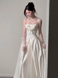 Elegant Strapless A-Line Long Luxury Wedding Dresses Tulle Satin Simple Bridal Dresses HZ1121