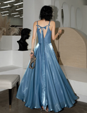 Elegant V-neck A-Line Satin Long Prom Dresses Gray Blue Formal Evening Dresses HZ1121