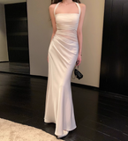 Elegant Halter Mermaid Satin Long Prom Dresses White Formal Evening Dresses HZ1121