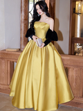 Elegant Strapless Ball Gown Satin Long Prom Dresses Yellow Formal Evening Dresses HZ1121