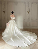 Modest Off-shoulder Luxury Wedding Dresses White Ball Gown Satin Train Bridal Gowns HZ1121
