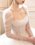 Timeless Square Neck Long Sleeve Luxury Wedding Dresses White Ball Gown Tulle Bridal Gowns with Beading HZ1121