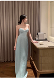 Sexy Sheath Evening Dresses, Chiffon Pleated Formal Dresses Blue Sleeveless Guest Dresses HZ1121