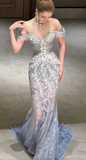 Elegant Mermaid Evening Dresses, Off-the-shoulder Tulle Beaded Long Formal Dresses HZ1121