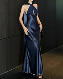 Elegant Sheath Navy Blue Evening Dresses, Halter Neck Satin Wedding Guest Dresses HZ1121