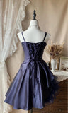 Cute A-Line Short Prom Dresses Spaghetti Straps Satin Birthday Dresses, Navy Blue Homecoming Dresses HZ1121