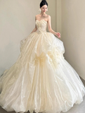 Elegant Strapless Ball Gown Tulle Long Luxury Wedding Dresses Light Champagne Sleeveless Bridal Gowns HZ1121