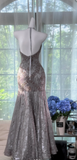 Vintage V-neck Mermaid Lace Beaded Long Prom Dresses, Silver Grey Evening Dresses HZ1121