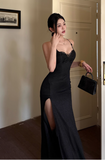 Spaghetti Strap Sheath Satin Long Prom Dresses Elegant Black Formal Evening Dress with Slits HZ1121