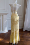 Modest Spaghetti Strap Sheath Lace Applique Long Prom Dresses, Yellow Formal Evening Dresses HZ1121