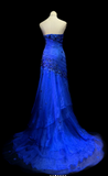 Modest Sweetheart Sheath Tulle Beaded Long Prom Dresses, Royal Blue Formal Evening Dresses HZ1121