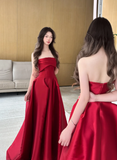 Modest Strapless A-line Satin Long Prom Dresses, Burgundy Formal Evening Dresses HZ1121