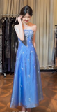 Modest Strapless A-line Chiffon Long Prom Dresses, Vintage Blue Formal Evening Dresses HZ1121