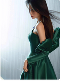 Modest Strapless A-line Satin Long Prom Dresses, Dark Green Formal Evening Dresses HZ1121