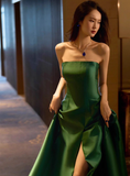 Modest Strapless A-line Satin Long Prom Dresses, Dark Green Formal Evening Dresses HZ1121