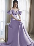 Elegant Off-the-shoulder A-Line Satin Long Prom Dresses, Lavender Formal Evening Gowns HZ1121