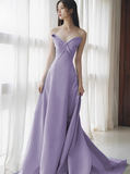 Elegant Off-the-shoulder A-Line Satin Long Prom Dresses, Lavender Formal Evening Gowns HZ1121