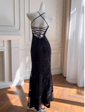 Elegant Spaghetti-Strap Sheath Chiffon Appliqu¨¦d Long Prom Dresses, Black Formal Evening Dresses HZ1121