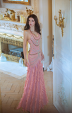 Elegant Halter Mermaid Chiffon Beaded Long Prom Dresses, Pink Formal Evening Dresses HZ1121