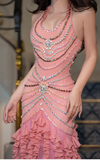 Elegant Halter Mermaid Chiffon Beaded Long Prom Dresses, Pink Formal Evening Dresses HZ1121